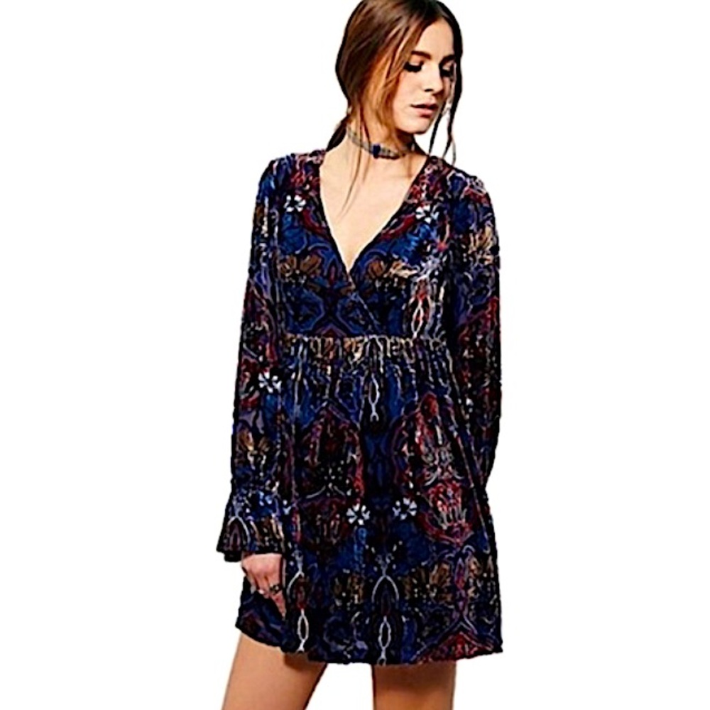 Free People Mystic Charm long sleeve babydoll velvet burnout Multicolor Dress
